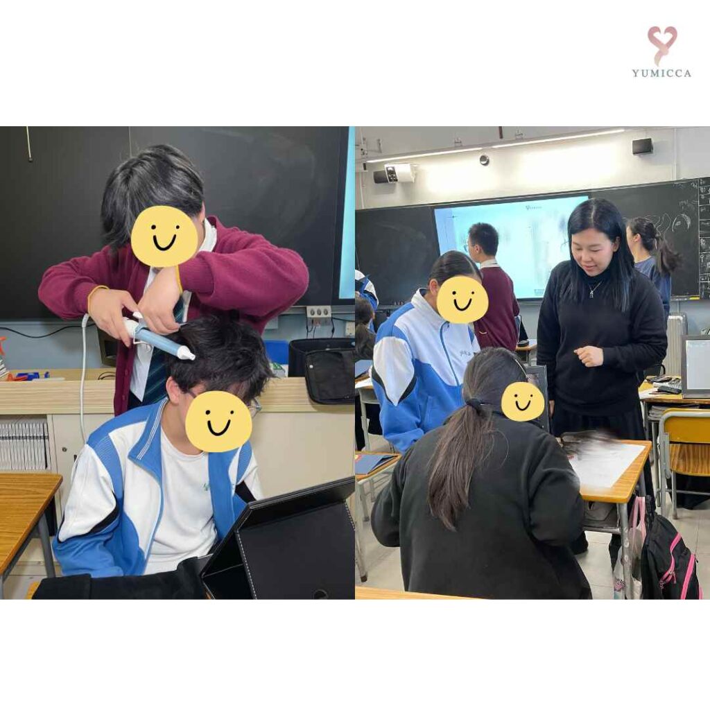 導師在中學生個人形象工作坊中示範護膚、自然妝與日常髮型技巧，學生積極參與實習。